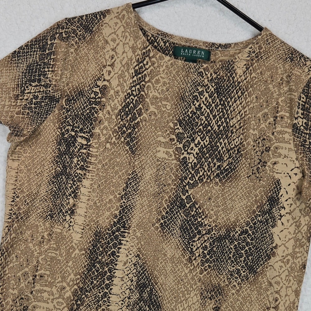 Lauren Ralph Lauren Womens Snakeskin Print Cotton T-Shirt M Tan Brown Animal Tee